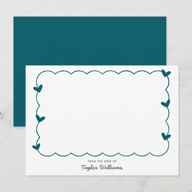Simple Dark Teal Blue Wavy Border Heart Stationery Note Card (Front/Back)