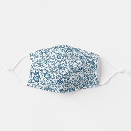 Simple Dark Teal Blue White  Floral Paisley Art Adult Cloth Face Mask