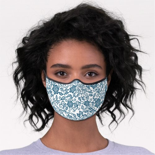 Simple Dark Teal Blue White  Floral Paisley Art Premium Face Mask