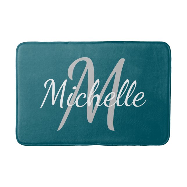 Simple dark teal Bold Typography & Name Monogram Bath Mat (Front)