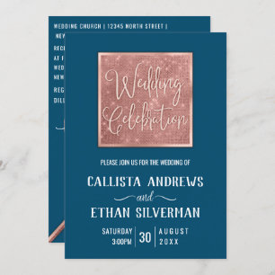 Simple Dark Teal Rose Gold Glitter Geo Wedding Invitation