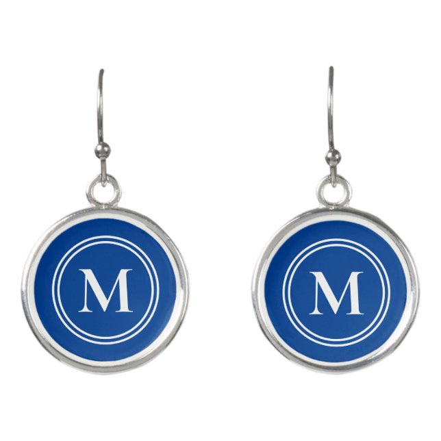 Simple Deep Blue and White Monogram Earrings (Front)