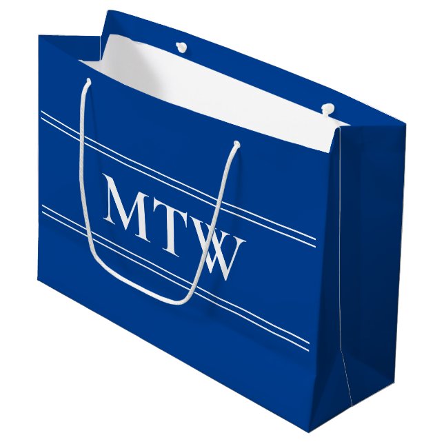Simple Deep Blue with White Monogram Large Gift Bag (Front Angled)