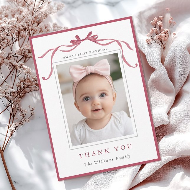 Simple Deep Blush Pink Bow Birthday Photo  Thank You Card (Creator Uploaded)