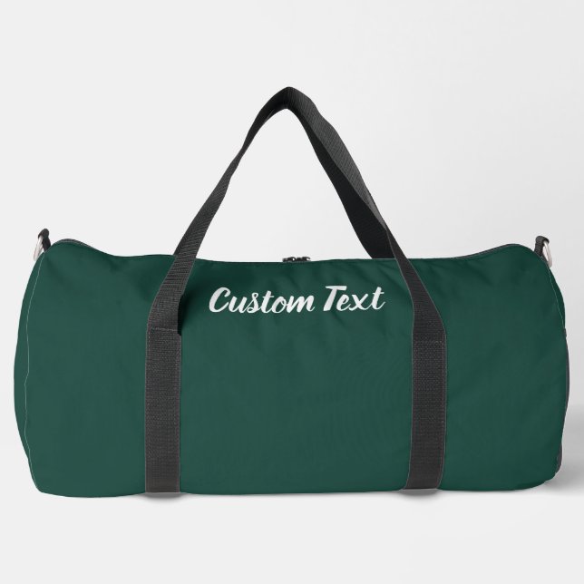 Simple Deep Green and White Script Cursive Text Duffle Bag (Front)