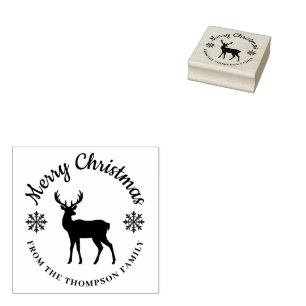 Simple Deer And Snowflakes Custom Name Christmas Rubber Stamp