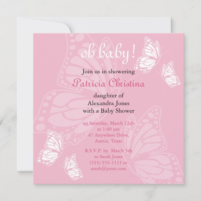 Simple Delicate Butterfly Pink Baby Shower Party Invitation (Front)