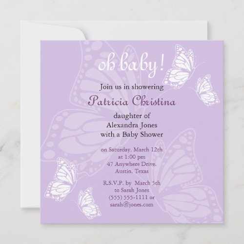 Simple Delicate Butterfly Purple Baby Shower Party Custom Announcement