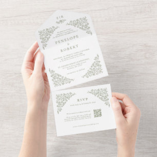 Simple Delicate Floral QR Code Sage Green Wedding All In One Invitation