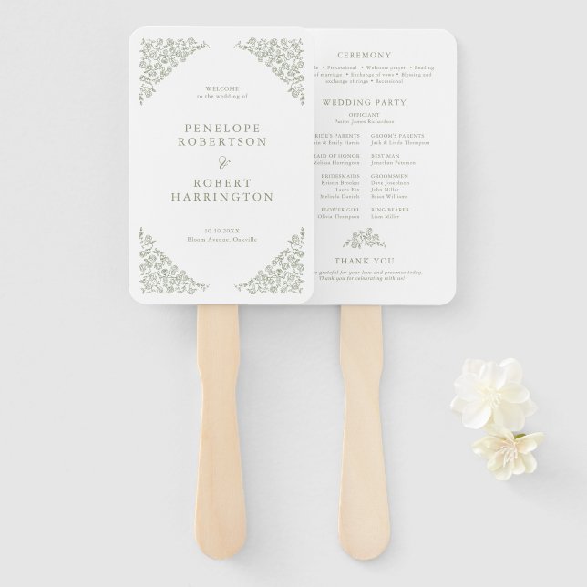 Simple Delicate Floral Sage Green Wedding Program Hand Fan (Front and Back)