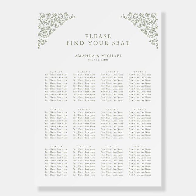 Simple Delicate Floral Sage Wedding Seating Chart Foam Board (Front)