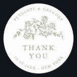 Simple Delicate Floral  Sage Wedding thank you  Classic Round Sticker<br><div class="desc">Elegant wedding thank you sticker features a minimalist design with a delicate floral border, perfectly suited for formal weddings. The classic typography and customizable text make it a timeless choice for couples seeking sophisticated, personalized wedding stationery. For customization or additional products featuring this design, please feel free to contact me....</div>