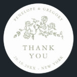 Simple Delicate Floral  Sage Wedding thank you  Classic Round Sticker<br><div class="desc">Elegant wedding thank you sticker features a minimalist design with a delicate floral border, perfectly suited for formal weddings. The classic typography and customizable text make it a timeless choice for couples seeking sophisticated, personalized wedding stationery. For customization or additional products featuring this design, please feel free to contact me....</div>
