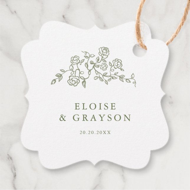 Simple Delicate Floral Timeless Sage Green Wedding Favor Tags (Back)
