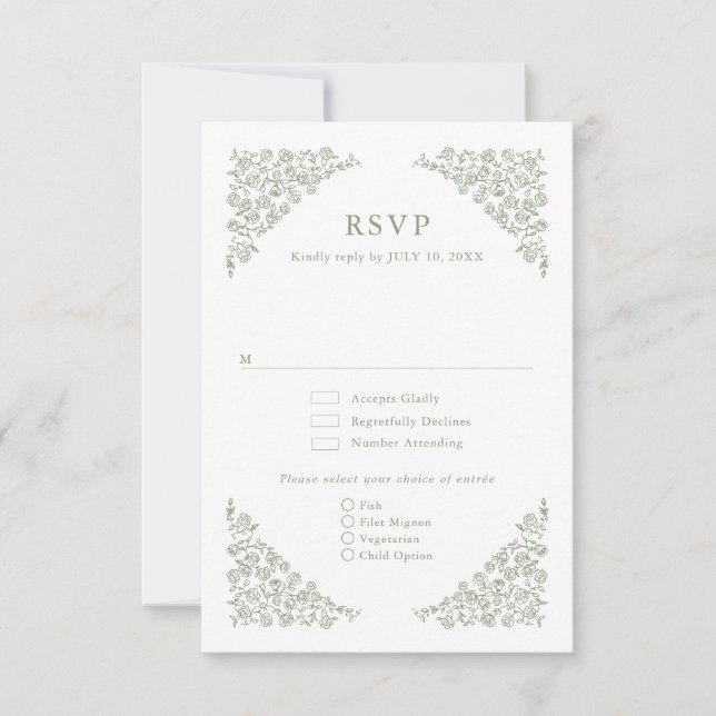 Simple Delicate Floral Timeless Sage Green Wedding RSVP Card (Front)