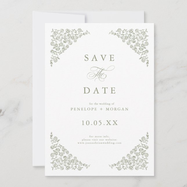 Simple Delicate Floral Timeless Sage Green Wedding Save The Date (Front)