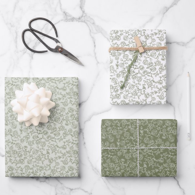 Simple Delicate Floral Timeless Sage Green Wedding Wrapping Paper Sheets (Front)