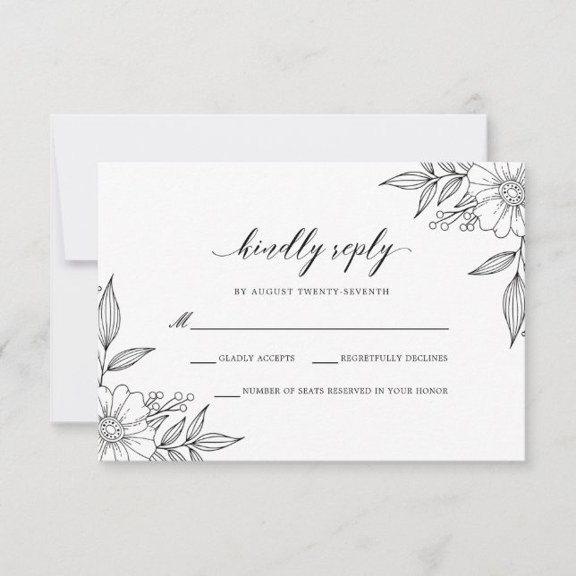 Simple Delicate Floral Wedding Black RSVP Card (Front)