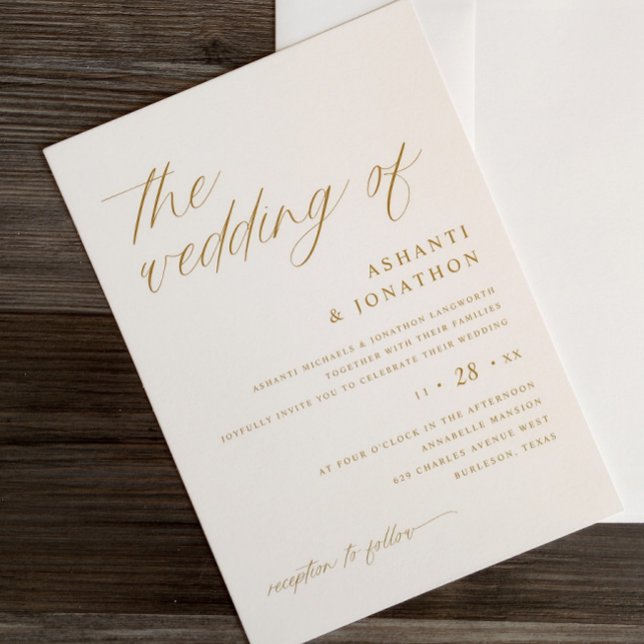 Simple Delicate Gold and Ivory Script Wedding Invitation (Gold and Light Cream Romantic Wedding Invitations - Elegant and Soft)