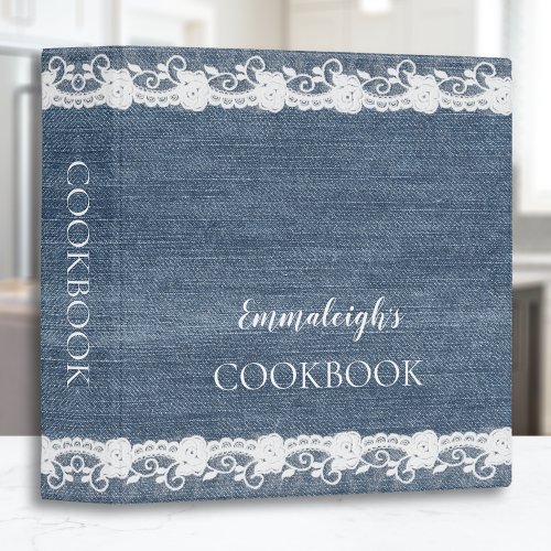 Simple Denim and Lace Personalized Cookbook 3 Ring Binder