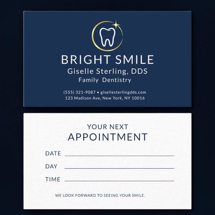 Simple Dentist Navy Blue Gold Dental Appointment Business Card