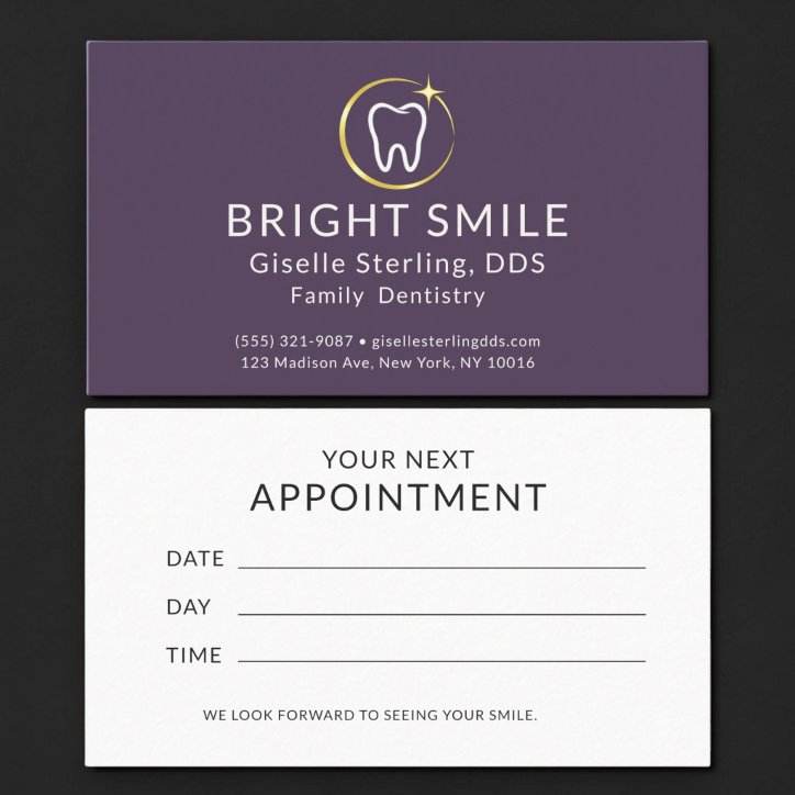 Simple Dentist Purple Gold Dental Appointment Business Card
