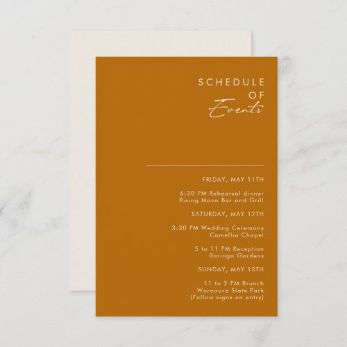 Simple Desert  Burnt Orange Schedule of Events Enclosure Card