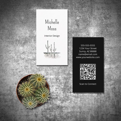 Simple Desert Cactus QR code Black White Business Card