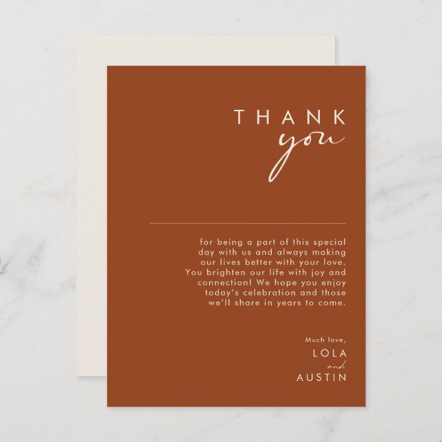 Simple Desert Terracotta Reception Thank You Card (Front/Back)
