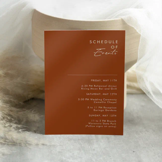 Simple Desert Terracotta Schedule of Events Enclosure Card Zazzle