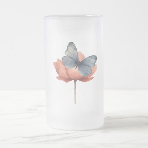 Simple Design Blue Butterfly and Flower Frosted Glass Beer Mug