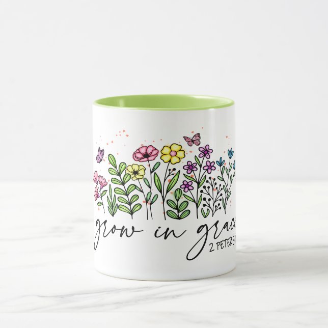 SIMPLE DESIGN FLOWERS "GROW IN GRACE" BIBLE VERSE MUG (Center)