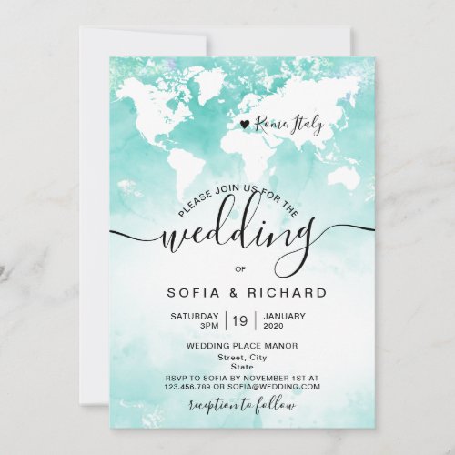 Simple Destination Wedding World Map Watercolor In Invitation