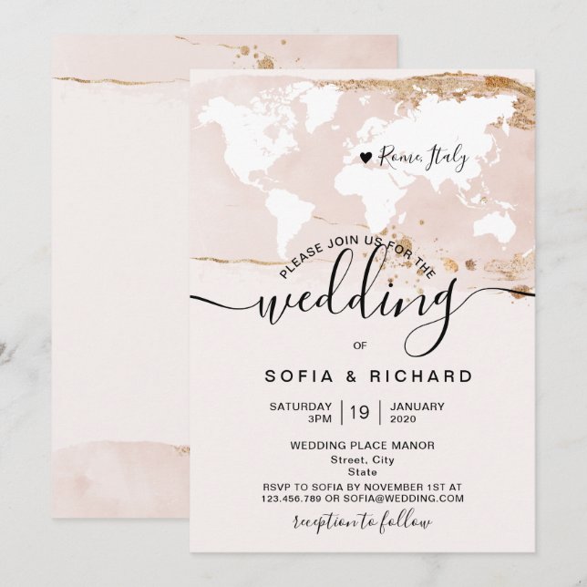 Simple Destination Wedding World Map Watercolor In Invitation (Front/Back)