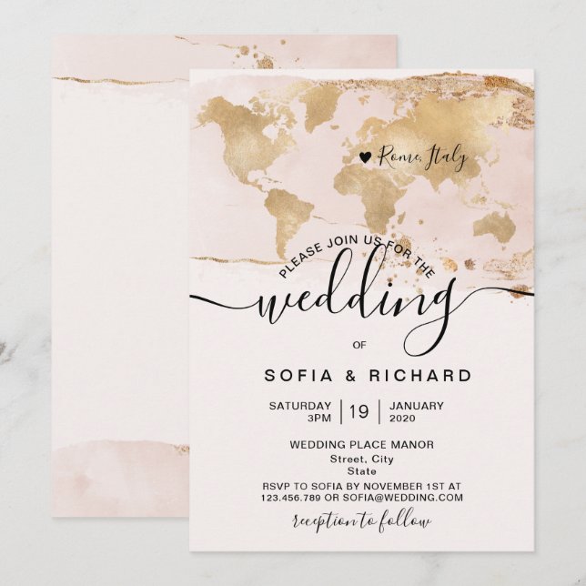 Simple Destination Wedding World Map Watercolor In Invitation (Front/Back)