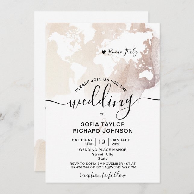 Simple Destination Wedding World Map Watercolor Invitation (Front/Back)