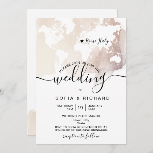 Simple Destination Wedding World Map Watercolor Invitation