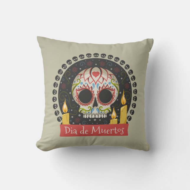 Simple Dia de Muertos Skull & Candles Throw Pillow (Front)