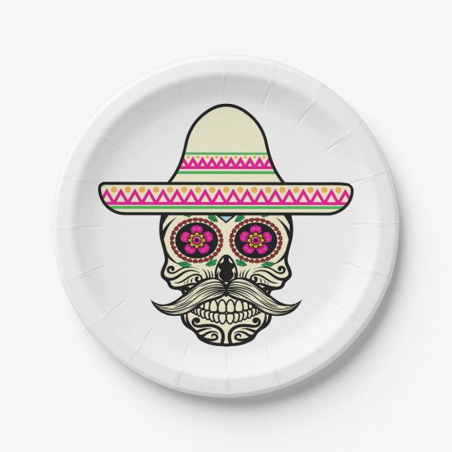 Simple Dia de Muertos Skull with Hat | Paper Plate (Front)