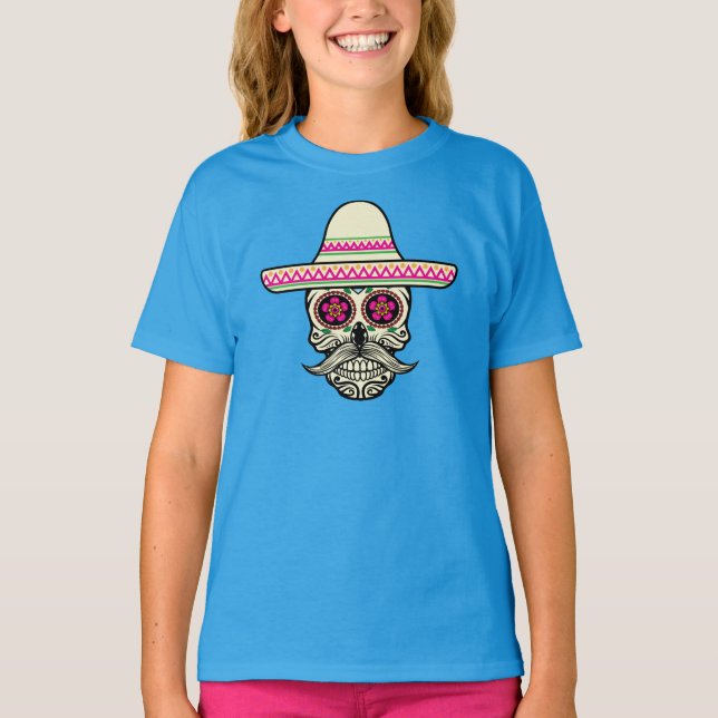 Simple Dia de Muertos Skull with Hat Ringer Shirt (Front)