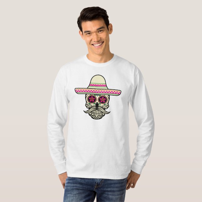 Simple Dia de Muertos Skull with Hat Sleeve Shirt (Front Full)