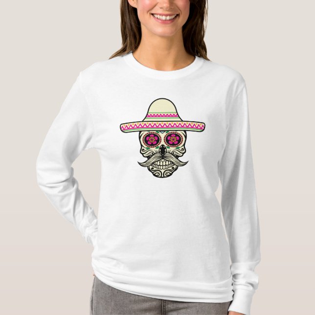 Simple Dia de Muertos Skull with Hat Sleeve Shirt (Front)