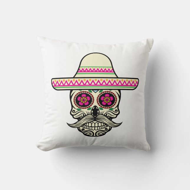 Simple Dia de Muertos Skull with Hat Throw Pillow (Front)