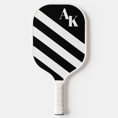 Simple Diagonal Stripes Initials Black and White Pickleball Paddle