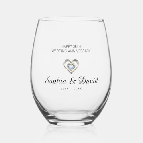 Simple Diamond Heart Wedding Anniversary Stemless Wine Glass