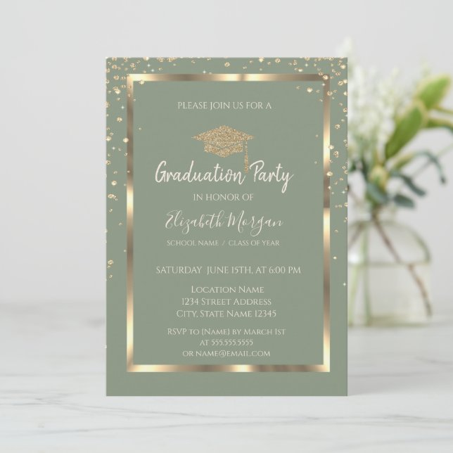 Simple Diamonds Gold Grad Cap Green Graduation Invitation (Standing Front)