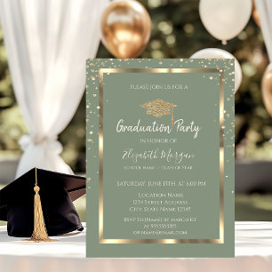 Simple Diamonds Gold Grad Cap Green Graduation Invitation