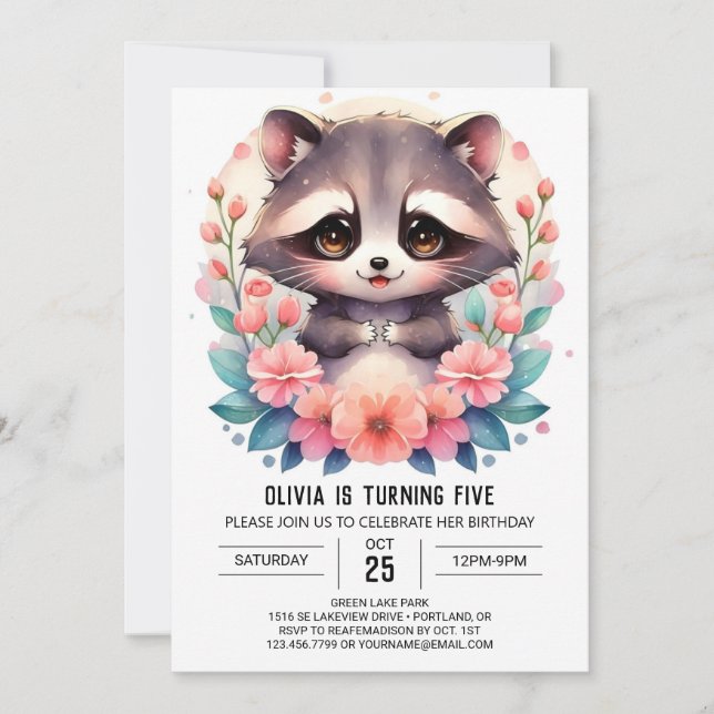 Simple Digital Raccoon Girl Birthday Invitation (Front)