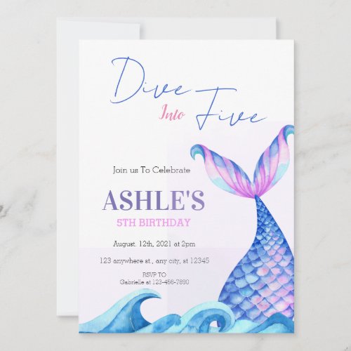 Simple Dive Into Five Mermaid 5th Birthday Party  Invitation