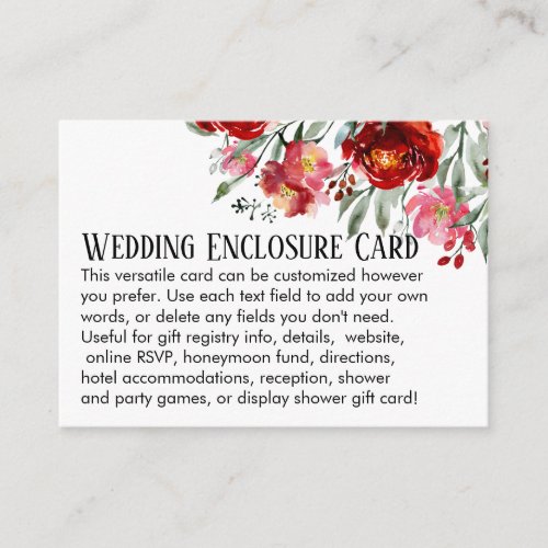 Simple DIY Custom Wedding Red  Pink Flowers Enclosure Card
